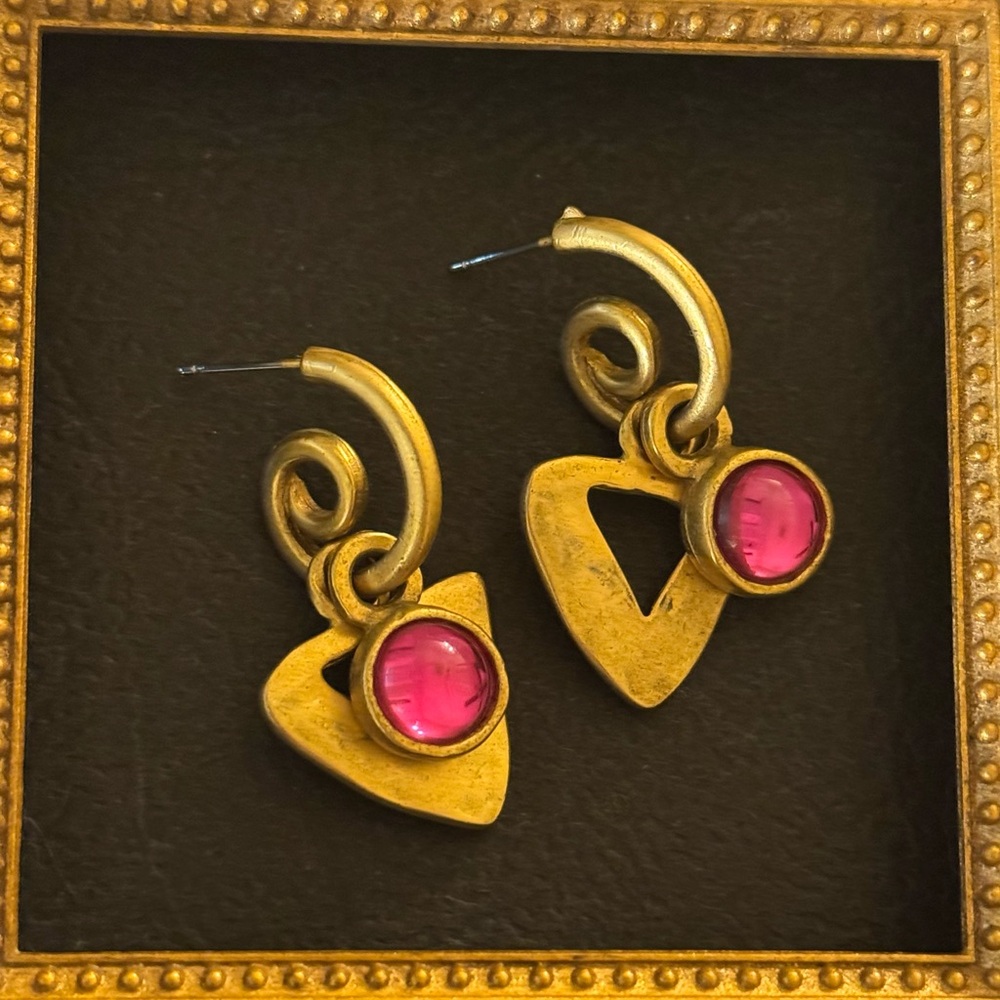 VTG French Gold Swirl Pink Cabochon Hoop Earrings - Picture 8 of 8